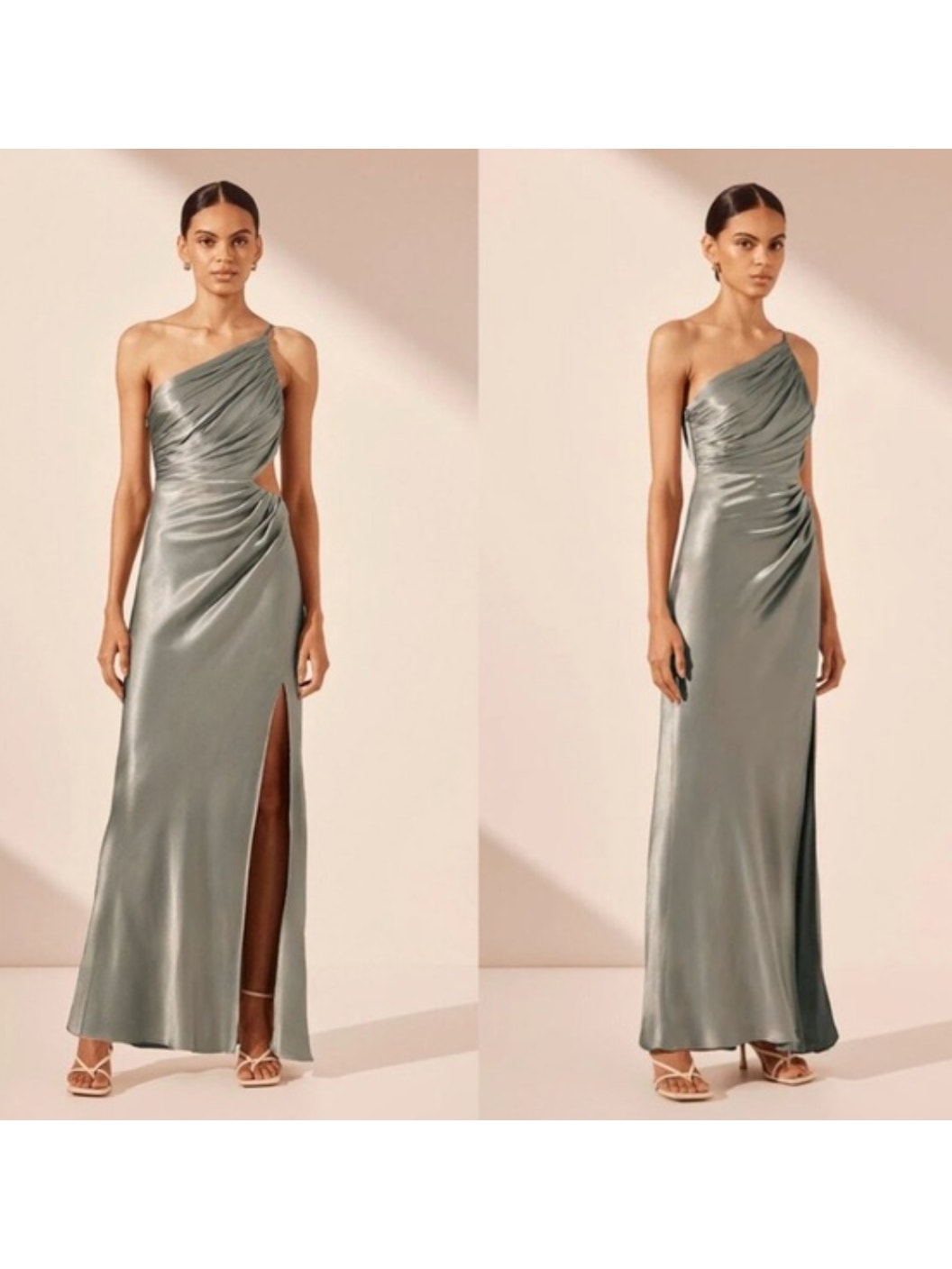 Shona Joy La Lune Asymmetrical Gathered Satin Maxi Dress In Sage Green 6